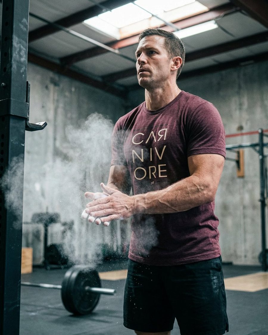 Carnivore tee, on model in the gym chalking up