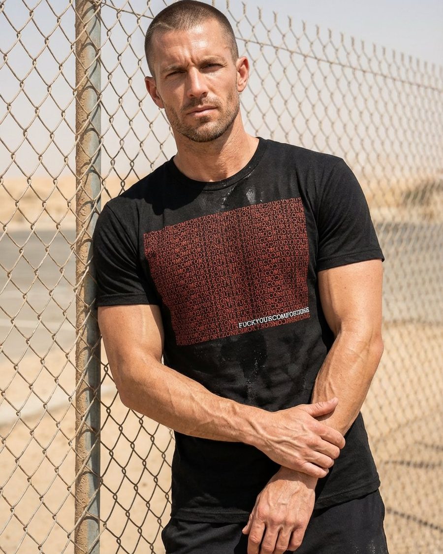 Comfort Zone tee, on model leaning against a chain-link fence in the desert