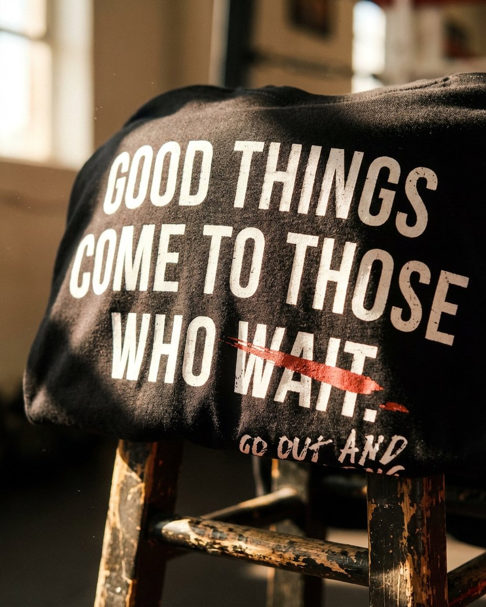 Macro of the Earn It back graphic on cotton, draped on a worn wooden gym stool with warm window light