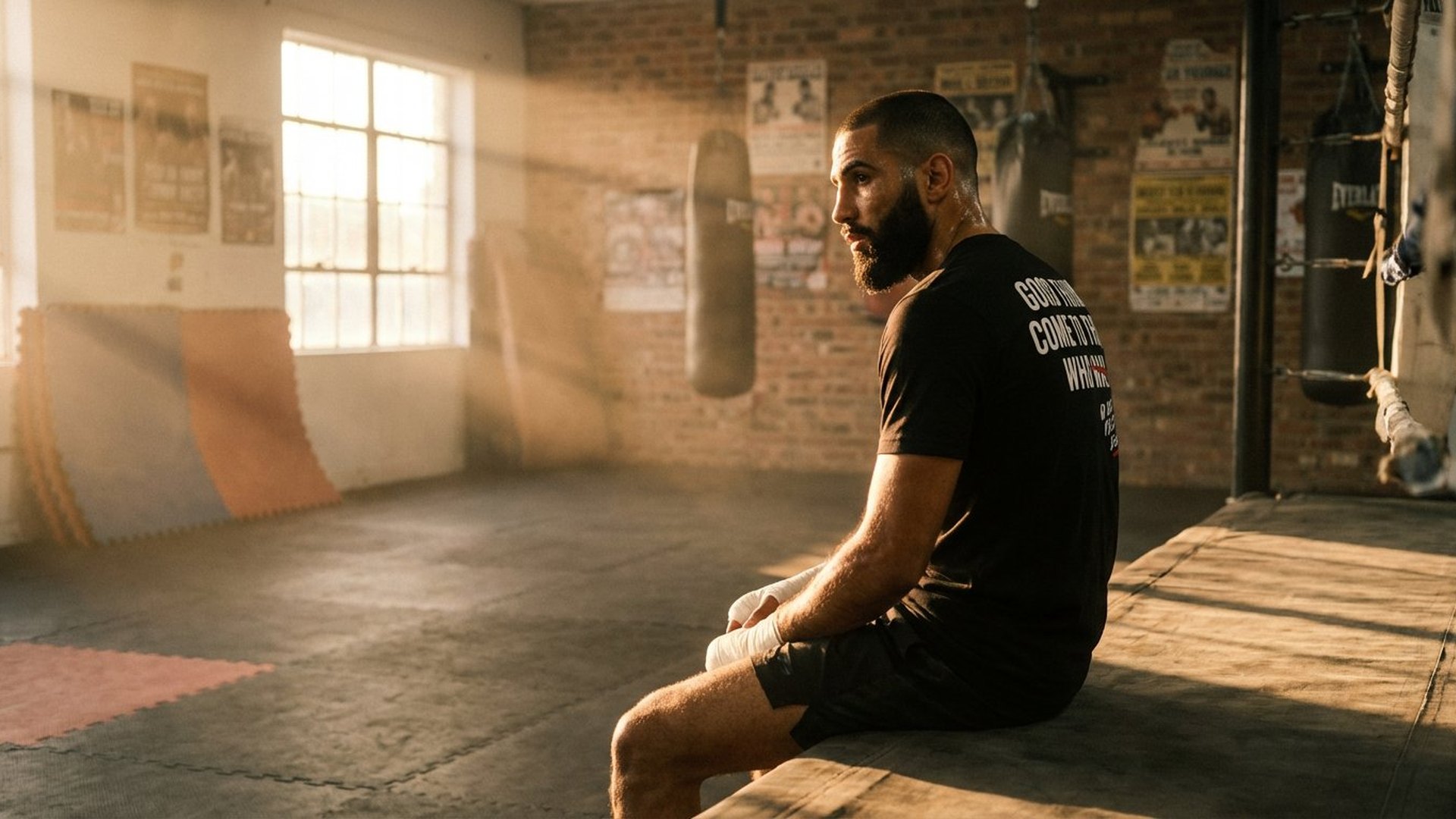 Sitting on the boxing ring apron alone after a session, gym empty, late afternoon light spilling through industrial windows