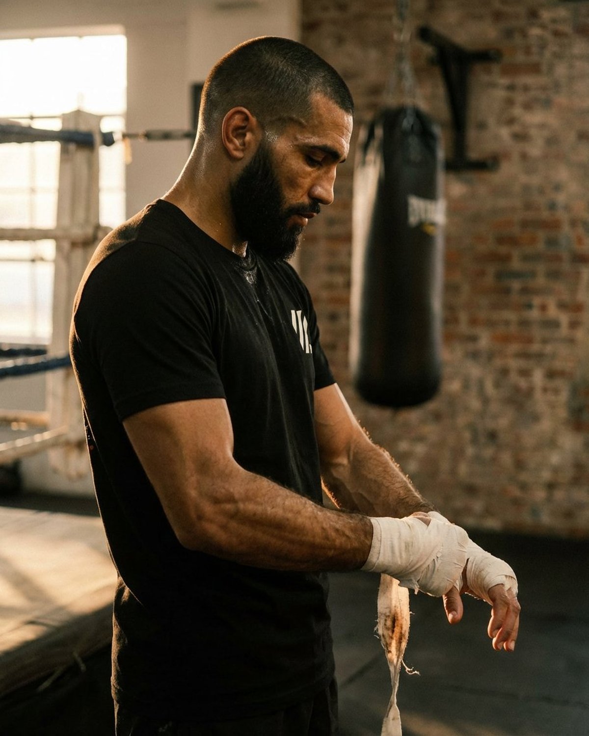 The model in profile after the session, unwrapping his hand wraps in the boxing gym, warm window light catching his beard and shoulder