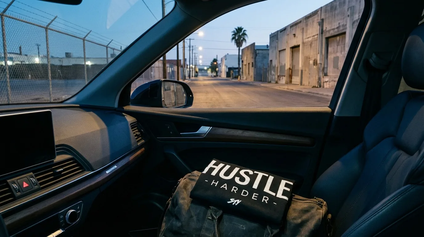 The Hustle Harder tee folded on a duffel bag in the passenger seat, parked on an empty industrial Vegas street at pre-dawn before the morning training session.