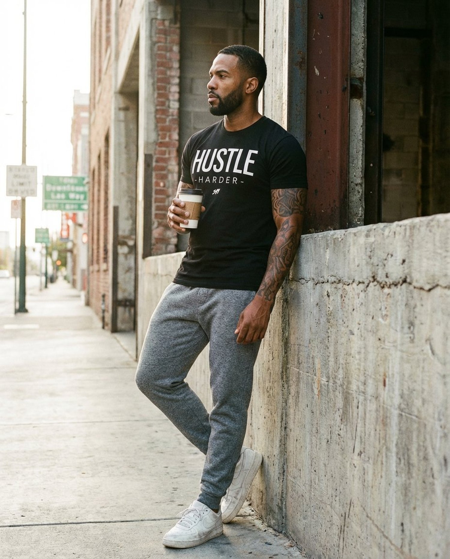 Wearing the Hustle Harder tee, downtown Las Vegas industrial sidewalk, early morning