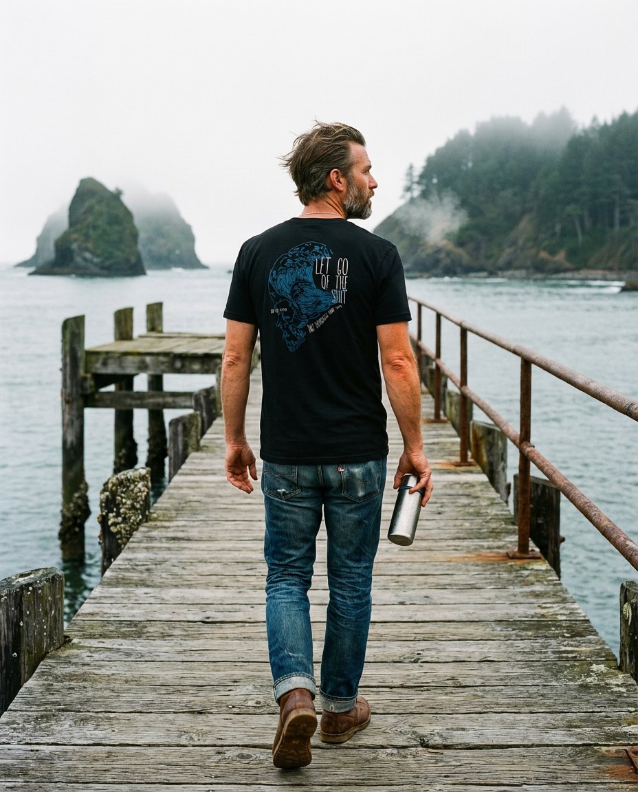Let Go tee worn, walking away on a foggy pier, Oregon coast, back graphic visible