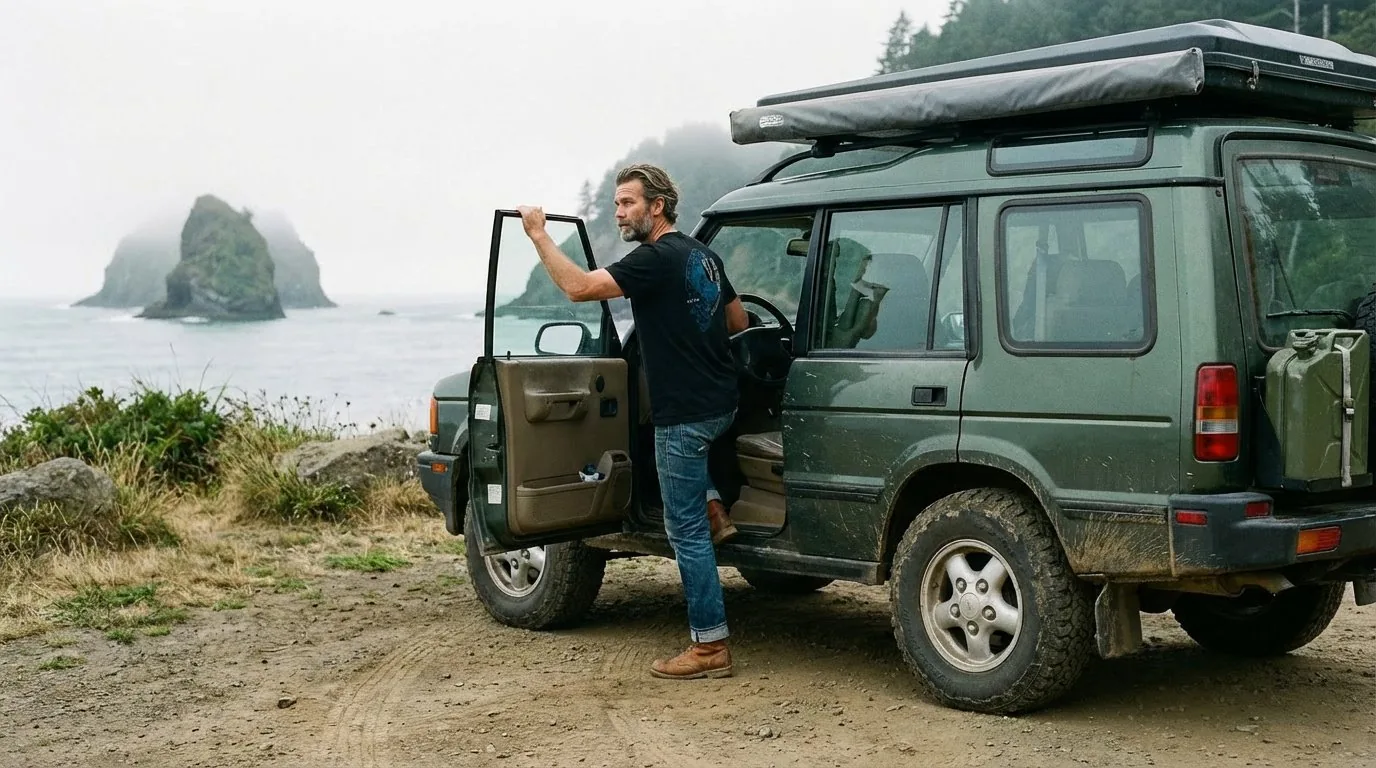 Founder beside a 1996 Land Rover Discovery parked on a dirt pullout above the Oregon coast, fog over the sea stacks in the distance