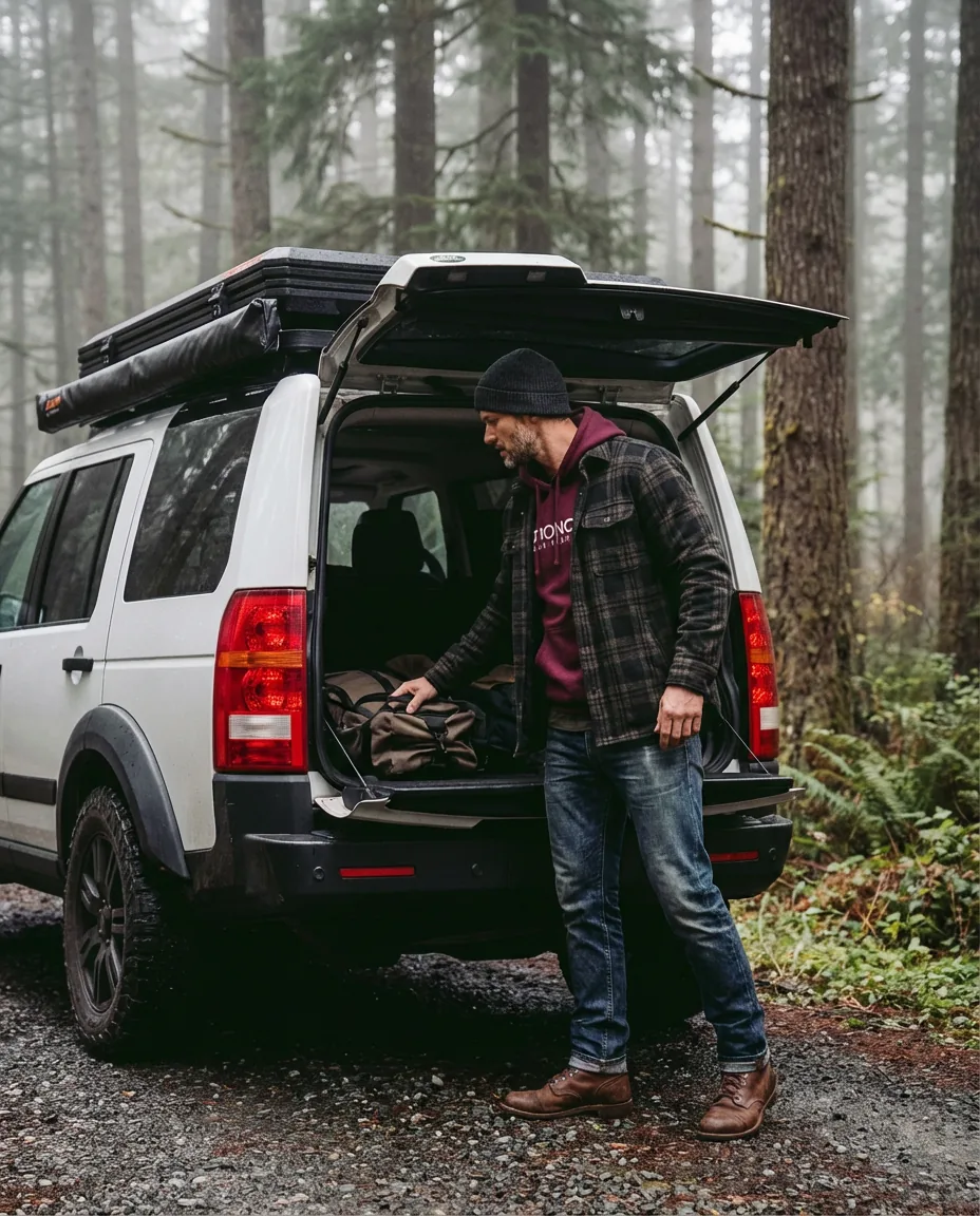 The Logo Hoodie worn during a Pacific Northwest overlanding moment — figure at the rear hatch of a Land Rover LR3 in a misty forest service road
