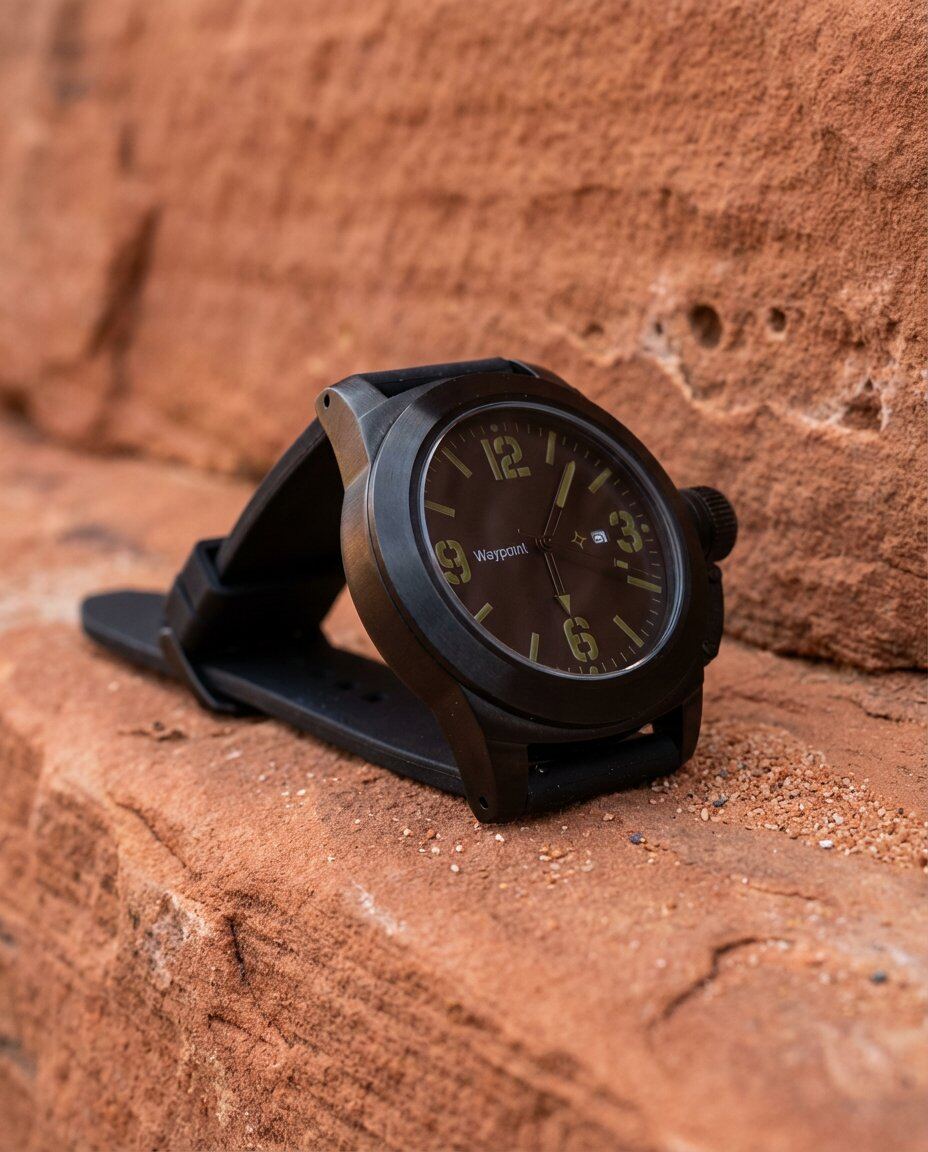The Mojave field watch, front-on dial detail, blacked-out matte case resting on red sandstone in the Mojave at dawn, olive drab dial visible