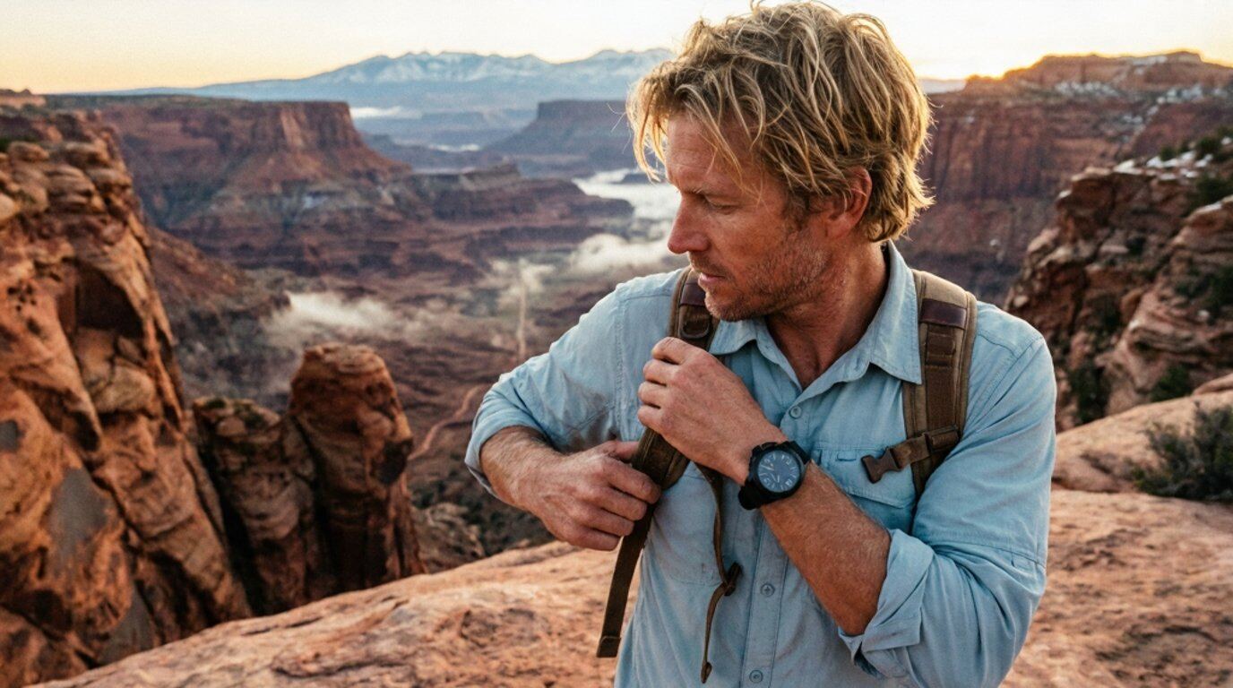 The Mojave on the wrist of a hiker above a desert canyon at sunrise, sandstone walls behind